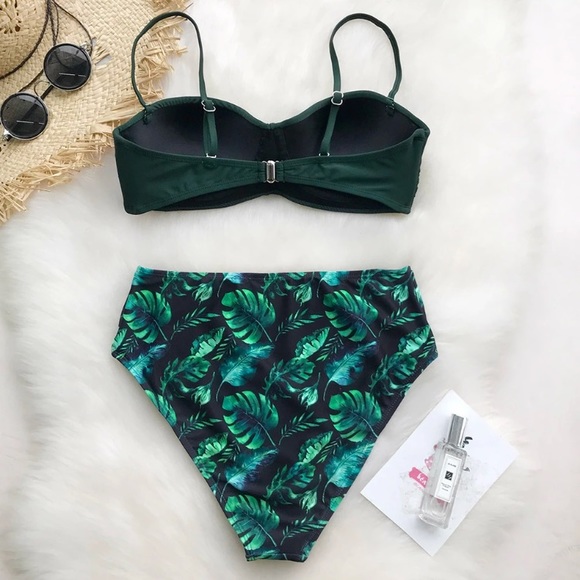 CLEARANCE Green Palm Leaf Tropical High Waist Swimsuit - Picture 2 of 5